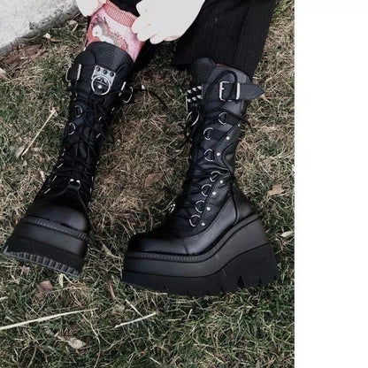Demonia Platform Motorcycle Boots Gothic Punk Mid Calf Shoes
