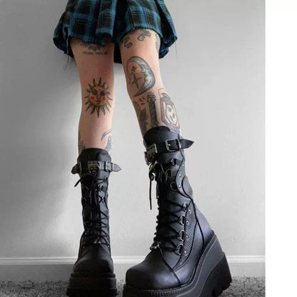 Demonia Platform Motorcycle Boots Gothic Punk Mid Calf Shoes