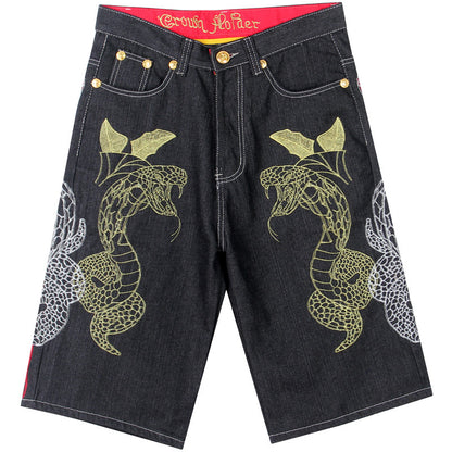 Hip-Hop Embroidered Denim Shorts for Men