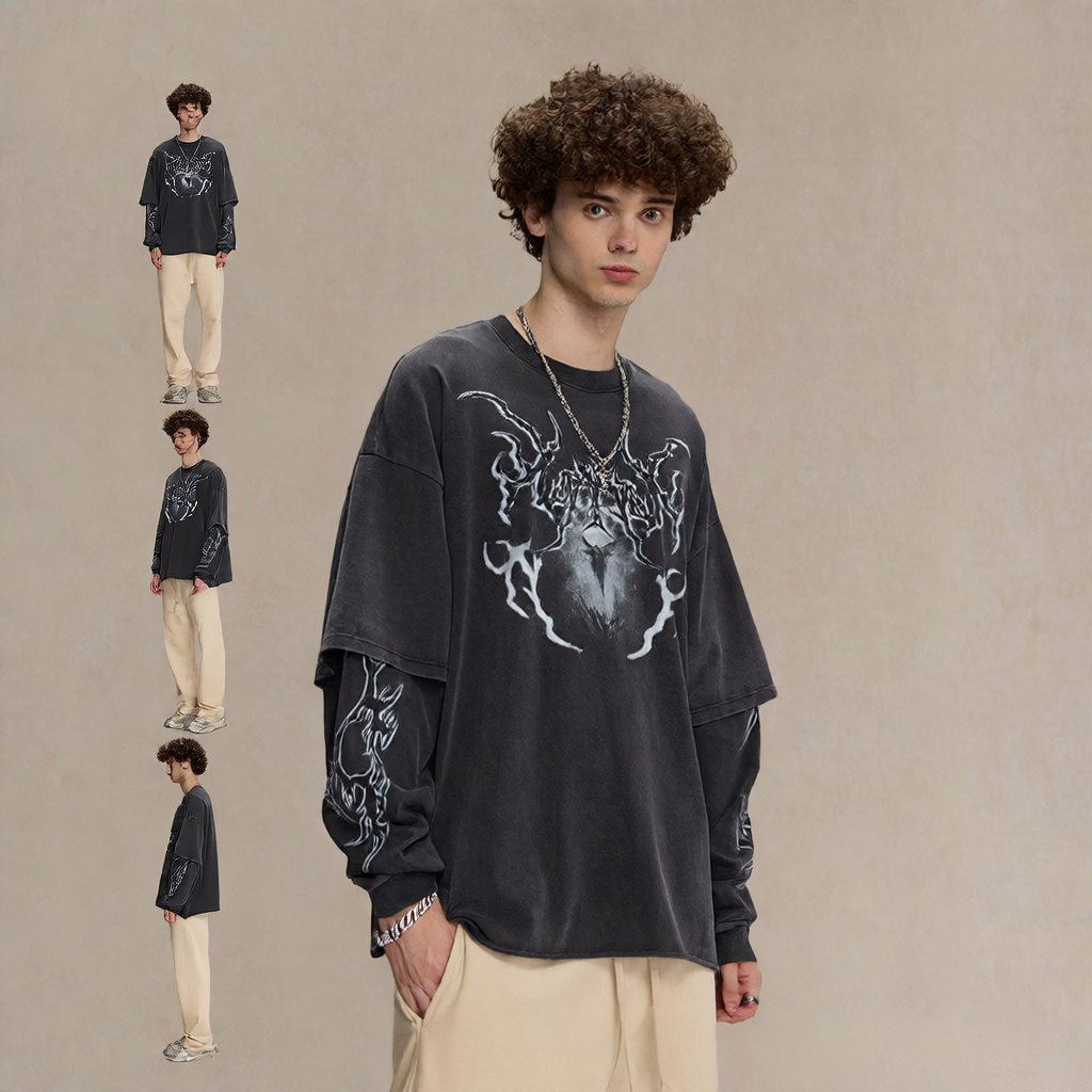 Retro faux two-piece long-sleeved shirt