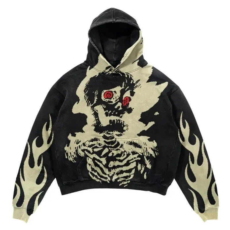 Skull Print Hoodie Vintage Streetwear Casual Sweatshirt