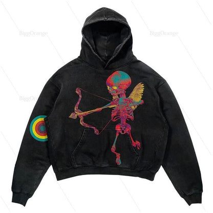 Skull Print Hoodie Vintage Streetwear Casual Sweatshirt