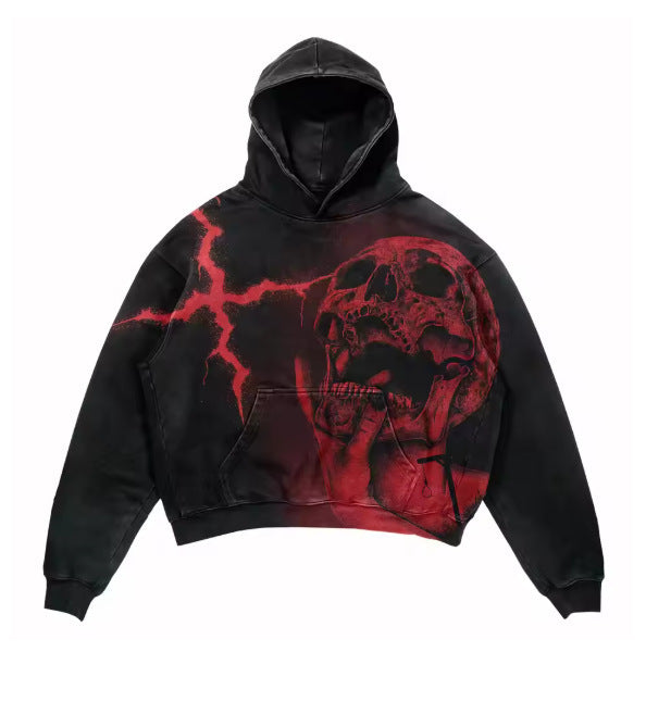 Skull Print Hoodie Vintage Streetwear Casual Sweatshirt