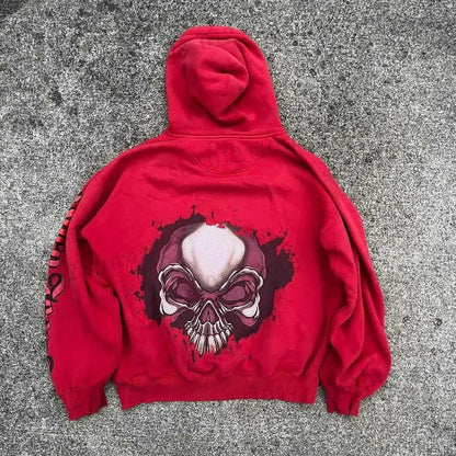 Skull Print Hoodie Vintage Streetwear Casual Sweatshirt