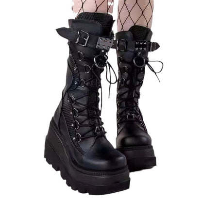 Demonia Platform Motorcycle Boots Gothic Punk Mid Calf Shoes