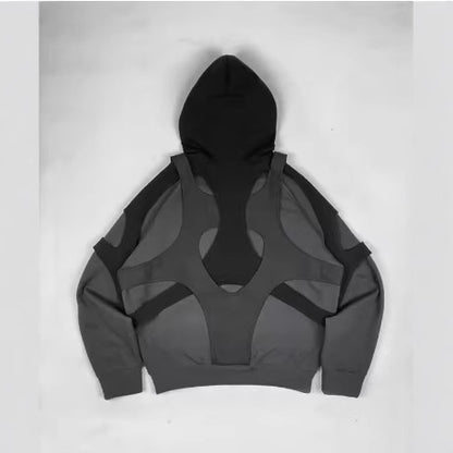 Irregularly pieced printed black zipper hooded sweater