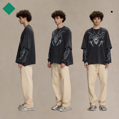 Retro faux two-piece long-sleeved shirt