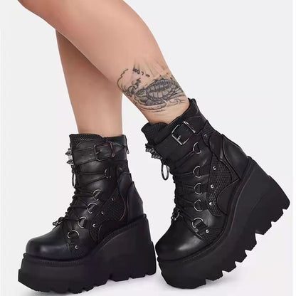 Demonia Platform Motorcycle Boots Gothic Punk Mid Calf Shoes