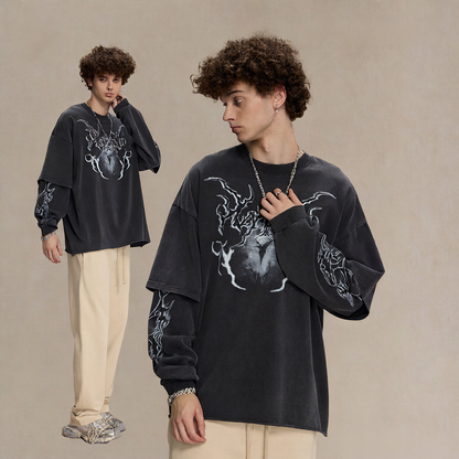 Retro faux two-piece long-sleeved shirt