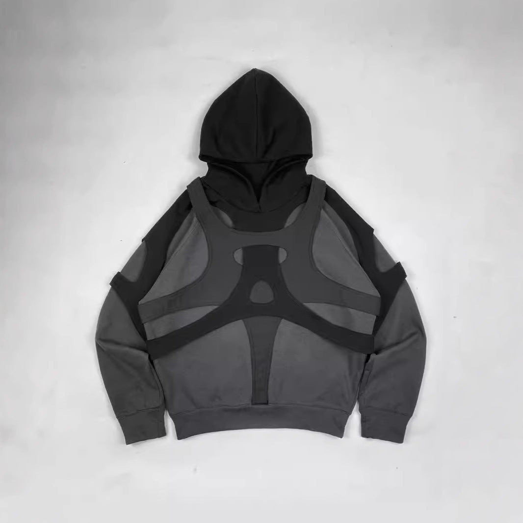 Irregularly pieced printed black zipper hooded sweater