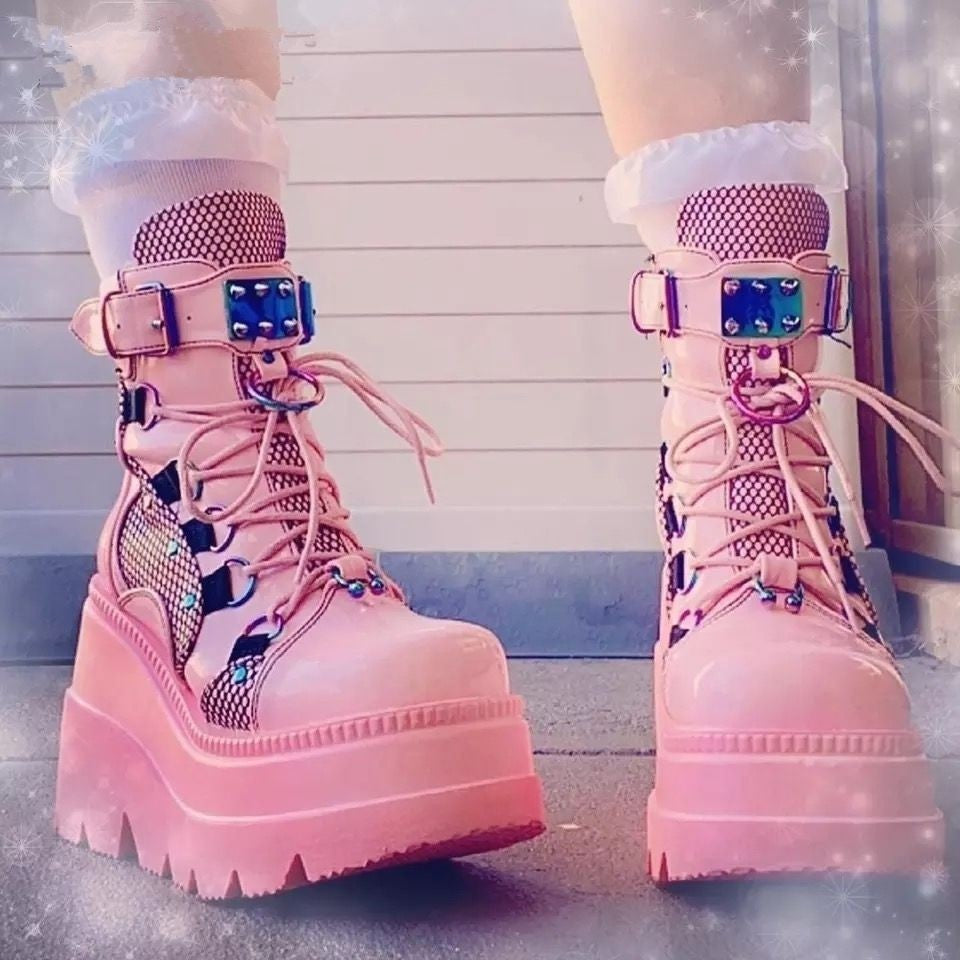 Demonia Platform Motorcycle Boots Gothic Punk Mid Calf Shoes