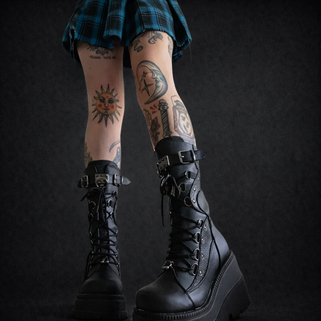 Demonia Platform Motorcycle Boots Gothic Punk Mid Calf Shoes
