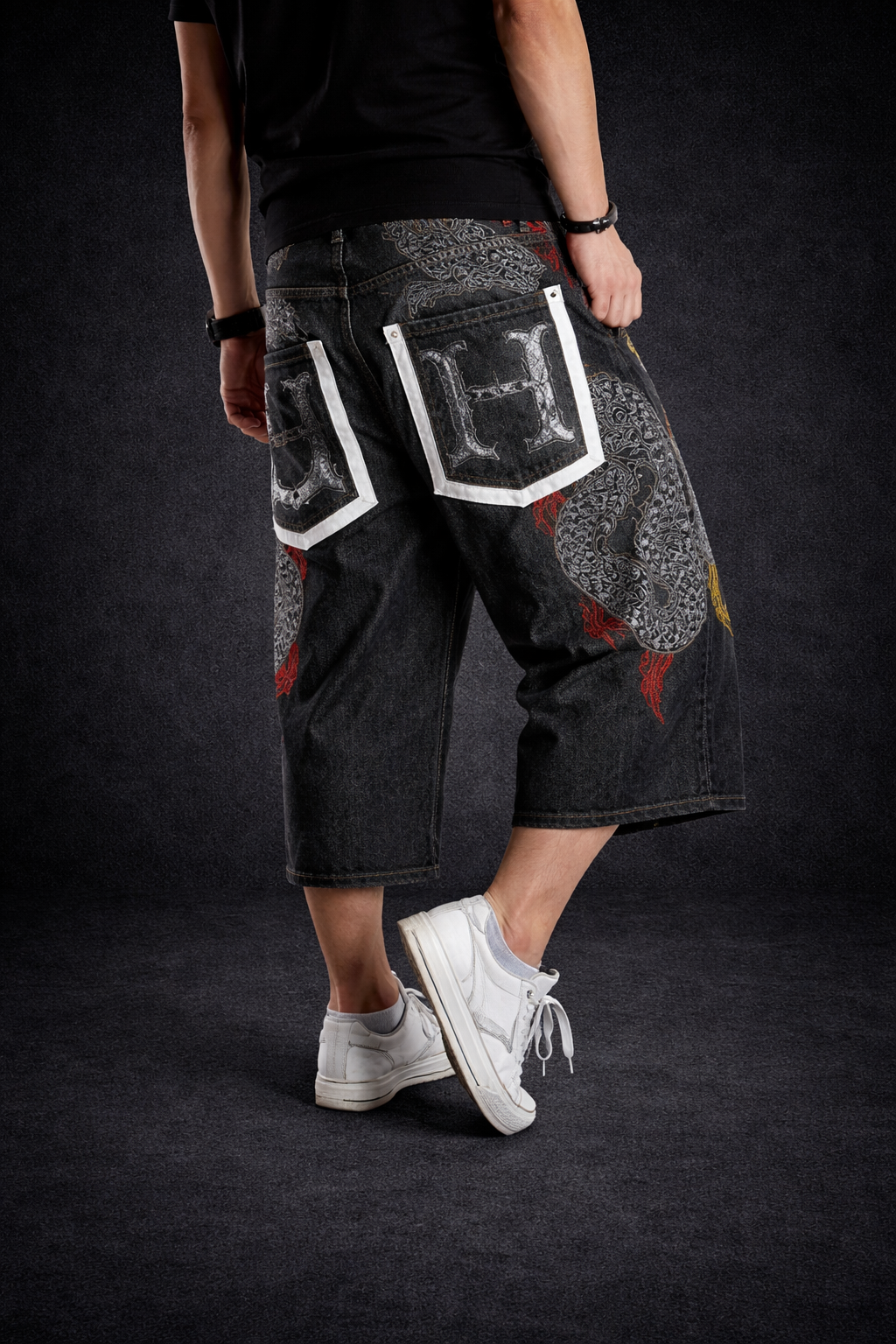 Hip-Hop Embroidered Denim Shorts for Men