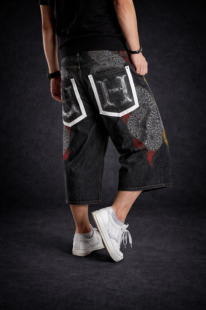 Hip-Hop Embroidered Denim Shorts for Men