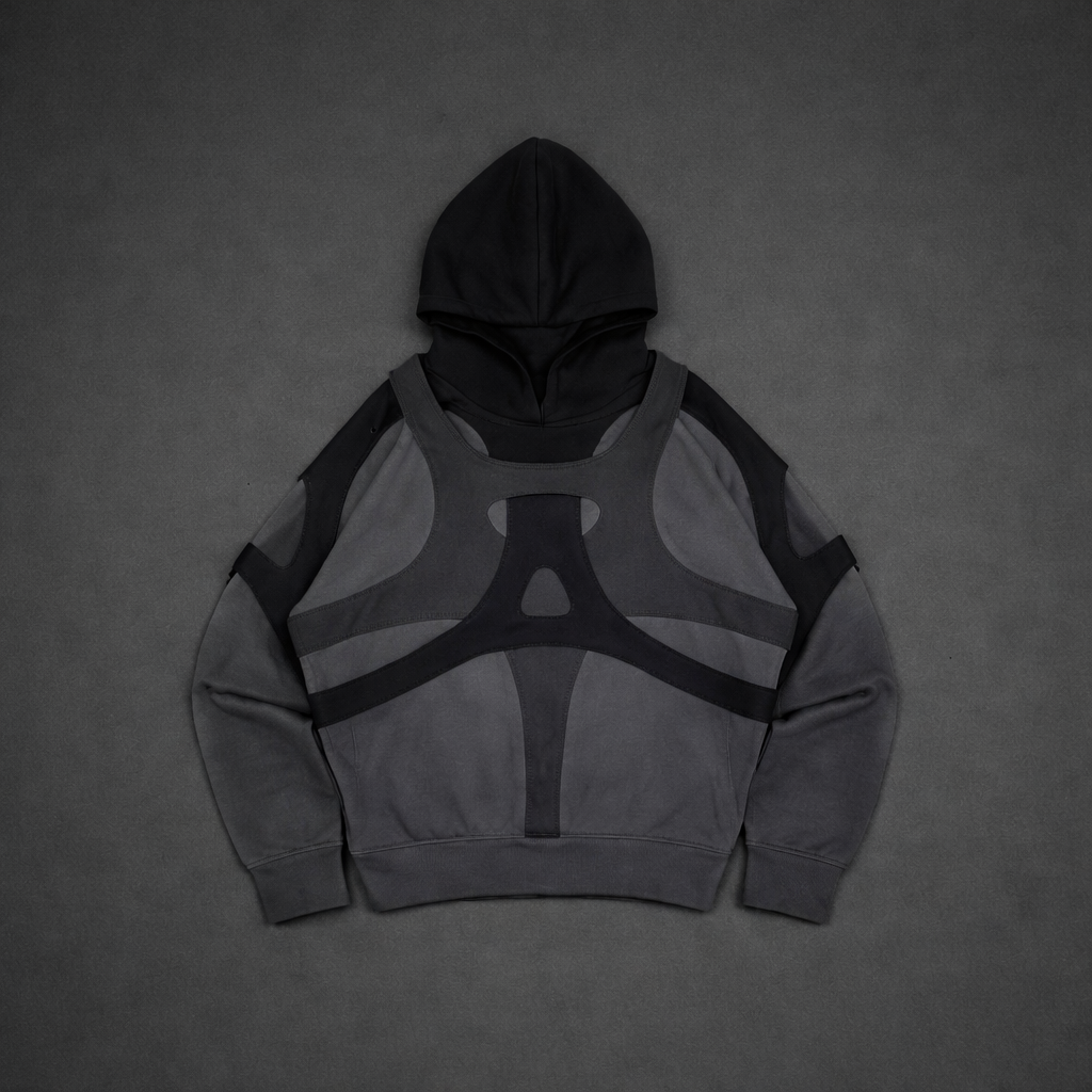 Irregularly pieced printed black zipper hooded sweater