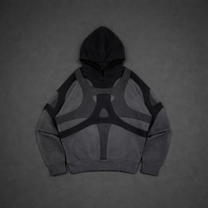 Irregularly pieced printed black zipper hooded sweater