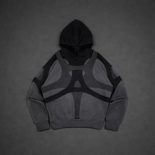 Irregularly pieced printed black zipper hooded sweater